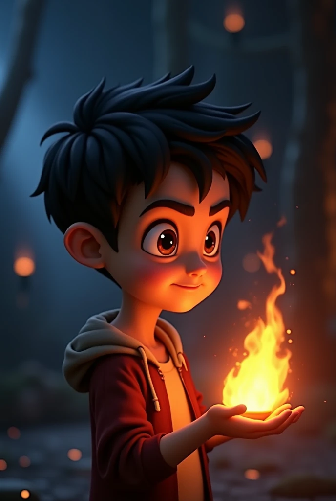 A animated boy holding fire in his hand in a dark room glowing up his face showing side profile