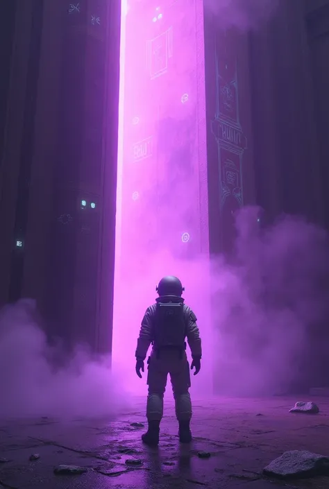 The astronaut stepped inside the dark, ancient building, A thick purple fog enveloped the room.,  in the midst of glowing ancient symbols, The massive door closed behind him by itself. 