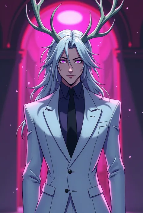 ((HAZBIN HOTEL STYLE)) In Hazbin Hotel, Xavier sports a sleek white suit. His eyes are a striking shade of violet, and he has deer-like antlers, reflecting his favorite animal. His hair is a long tousled silver, giving him an ethereal look, in Hazbin Hotel...