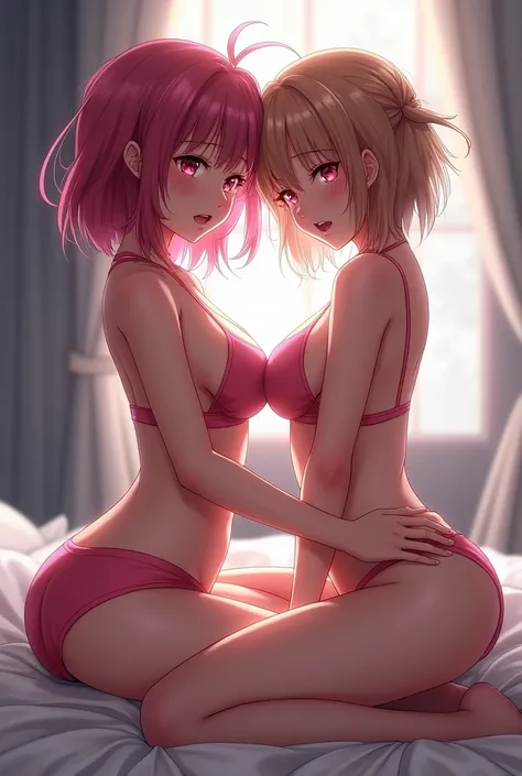 ((best quality)), ((masterpiece)), (detailed two person   girl  in room together  wearing pink underpants stocking  sweating ahegao  looking camera