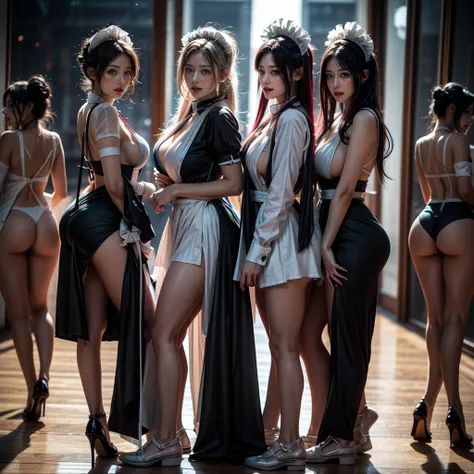 (Full Body of Extremely Detailed((Sexy Maid Group in a row:1.37))), KAWAII perfect face, Reflective Eyes, Detailed(Delicate Clothing textures), Correct Leg Line, Dynamic Joyful Expressions LifeLike Rendering, Specular Reflection, TopQuality 8K Ultra-detail...