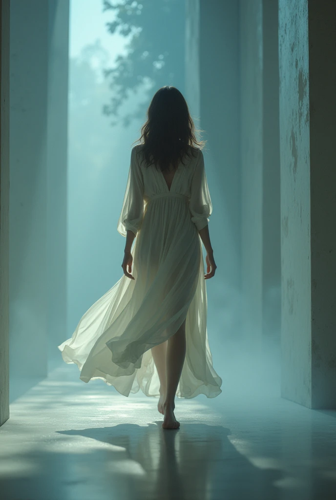 Create an image of a young woman walking gracefully through a surreal, dimly lit environment, using a long exposure technique to create a controlled motion blur that emphasizes the fluidity and elegance of her movement. The scene should blend the soft, blu...