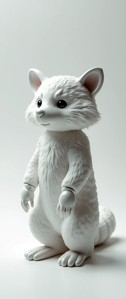 A captivating, ultra-modern minimalist photograph that showcases a highly realistic and fluffy baby raccoon bionic ceramic sculpture. The glossy white finish of the raccoon is artistically rendered, drawing attention to the detailed texture of its fur. The...