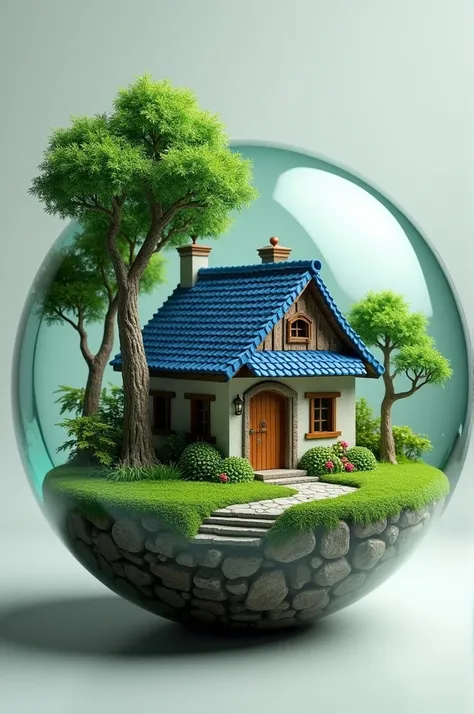 Realistic small house,blue roof,greeny environment, in a 6 Cm radius resin ball,trees on the house