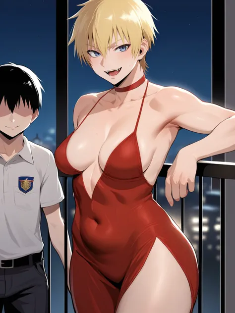 score_9, score_8_up, source_anime, standing, hellsing, seras, blonde hair, nude, indoors, night, night sky, nighttime, vampire, smirk, fangs, ikuchan, balcony, town background, nude male, huge penis, huge testicles, muscular male, medium breasts, boyfriend...