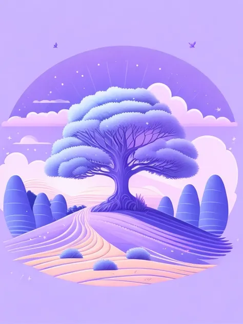 a spruice tree in a lavender color landscape, tshirt design, rzminjourney, vector-art, ((#E6E6FA:1.2))