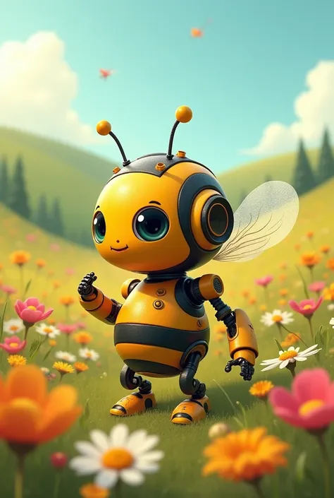 Make a cute bee robot that is collecting a pollen