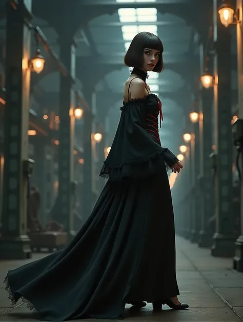 (Photorealism:1.1) woman, brunette, square hairstyle, Long legs, Beauty, dressed in a black long dress, Gothic dress, corset with red lacing, with a long train, high Victorian collar, gray eyes color, cyberpunk background, full height of a girl, inside an ...