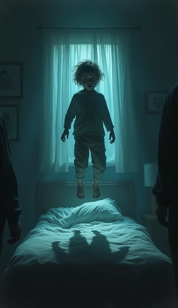 A terrifying scene inside a dimly lit bedroom, with a child floating several feet above the bed, eyes wide open in fear. Dark, shadowy figures lurk in the corners of the room, their forms barely distinguishable from the darkness