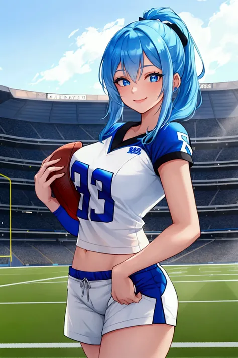 A beautiful girl with blue hair, blue colored eyes, and blue shirt with white shorts, smiling holding a tray with a plucked chicken, She&#39;s on a football field 