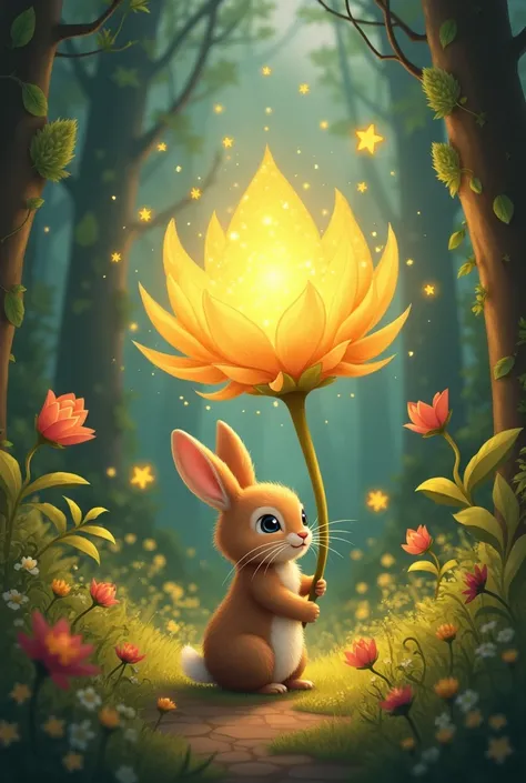 "The Little Rabbit and the Magical Flower"

Once upon a time, there was a little rabbit living in a big forest. One day while it was hopping around, it found a golden flower that shimmered with light. Out of curiosity, the little rabbit went to smell the f...