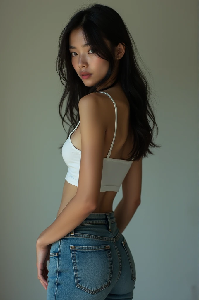 Swarthy Asian Girl in jeans rear view 