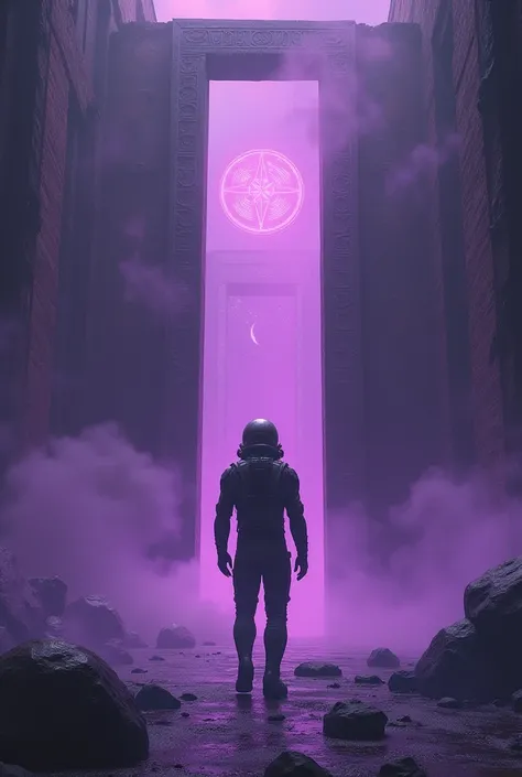 Astronaut in a dark ancient building, A thick purple fog enveloped the room., The large door closed shut behind him.. in the middle of the ancient door symbol shines.