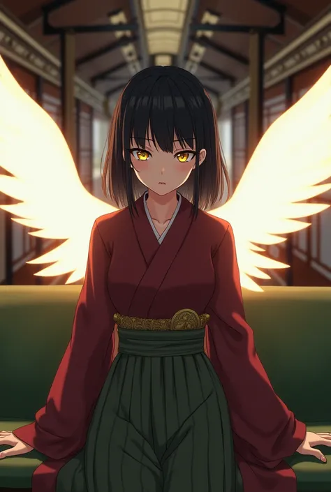 Anime, Japanese, kimono, yellow eyes, black hair, translucent white wings behind, maroon clothes, olive green hakama, female, large breasts "short hair" Olive green seats facing sideways Inside the train Wooden walls