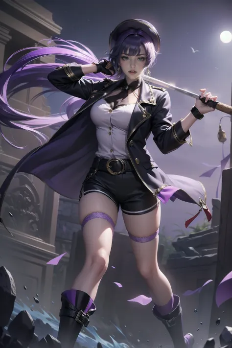 Anime Art、Full body portrait、Modern Street Killer、Moonlit Ruins、Tall Woman, Height: approx. 175cm, Around 20 years old, Wearing a black jacket and shorts, Holding a baseball bat and swinging it、Black socks、Short Medium Hairstyles、The eyes are covered by th...