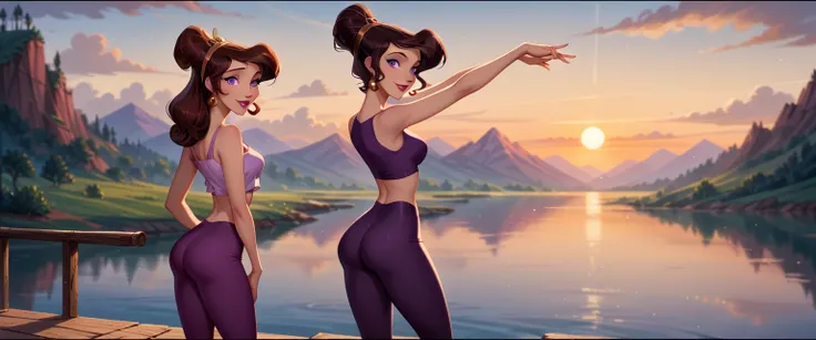 score_9, score_8_up, score_7_up, score_6_up, cinematic film still, solo, on her own, 1girl (Disneys Megara, m_ra, brown hair, purple eyes, ponyail:1.3), lake bled background, stretching exercises, wearing (tight purple butt scrunch gym leggings and crop to...