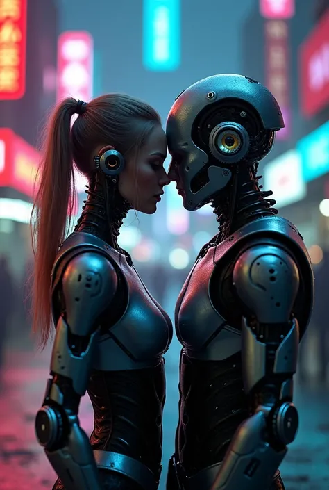 Here is a short story that focuses on the relationship between female and male cyborgs:

In a dystopian, neon-lit metropolis of the future, Amanda, a metal-framed cyborg beneath her skin, wandered the streets in search of her destiny. Her mechanical limbs ...