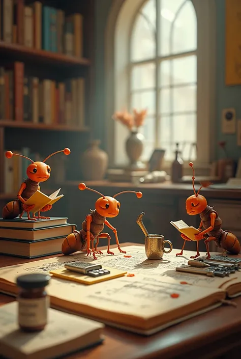 image contains "engineering and architecture" and "university of antique" with cute working ants and books and calculator and other engineering stuffs