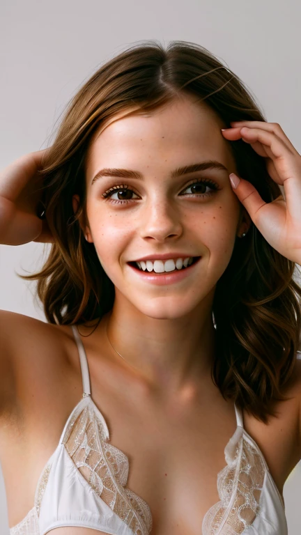 ((( Emma Watson:0.9))) a woman in white underwear smiling and holding her hair up, smiling model face, smiling young man, Beautiful face and perfect skin, beautiful and smiling, woman with porcelain skin, smooth shiny skin, perfect smile, beautiful fine fa...