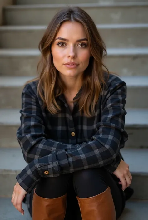 A full body picture of Sydney Sweeney, she has straight hair that come out from the side parting on one side only with slight makeup, she looks straight at the camera with brown eyes, taken as an Instagram picture, she wears dark leggings with long brown b...