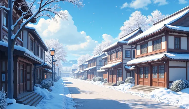 An anime background of an afternoon square with volumetric lighting and bloom in winter.