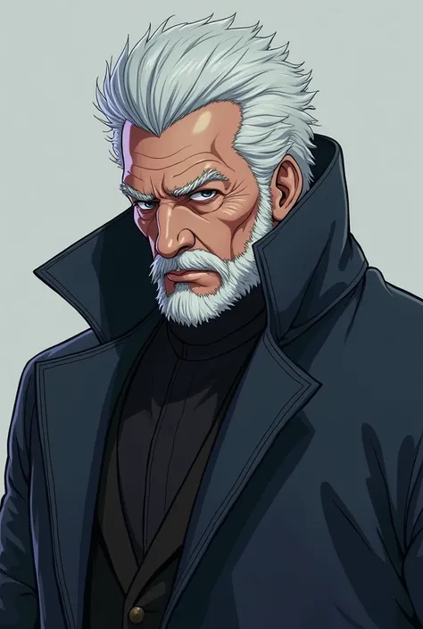 A sexy and imposing man in his 40s, snow-white skin, grey eyes, dressed in a stylish winter coat with an anime goatee