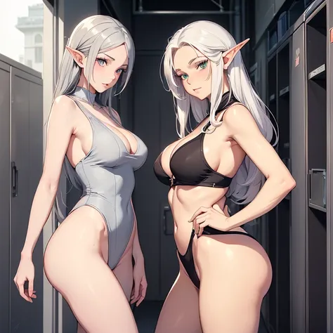 (absurdres, Masterpiece, best high quality, high resolution, no deformity, good anatomy, cowboy shot, front view, character alone, HD, anime) {{600 years old white haired ice-elf-queen milf:(elder feminine beauty, pale skin, medium-length straight hair, bl...