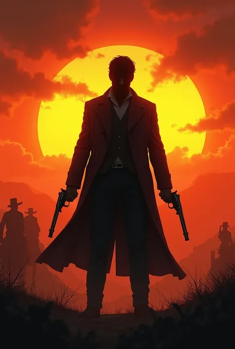 ((Best Quality)), ((masterpiece)), (detailed), Sunset background in the old west, The silhouette of a cowboy in the middle with two revolvers in his hands, with short hair, lugubrious.