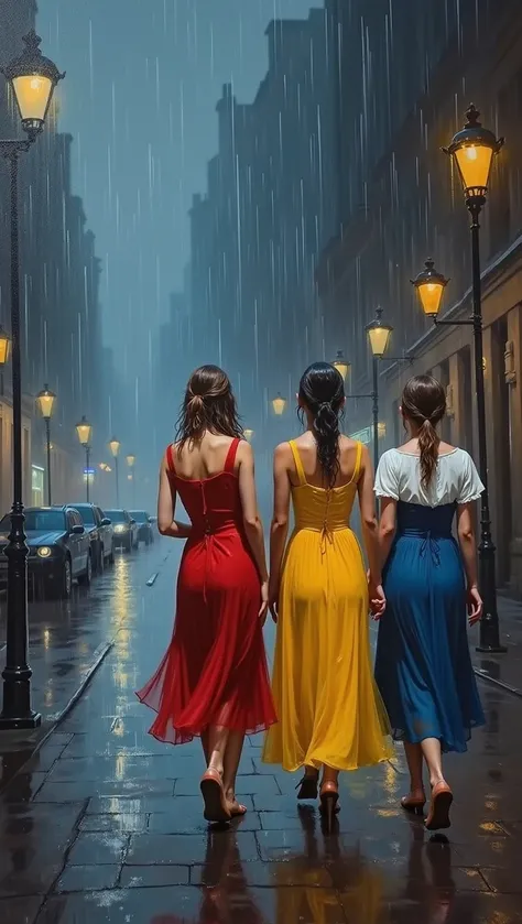 (((three girls staring at each other:2))), ((a thick textured oil painting, impasto brushstrokes, minimalist impressionist, dry brushing, paletteknife:2)), (rainy night:1.5), (Tasteful:1.5), (full color:1.5), 8k, 4k, (magic:1.5), (dripping paint;1.5), (nig...