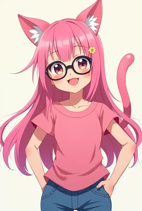 A pink-haired girl with pink cat ears wearing black glasses, a pink shirt and jeans, with long hair and a big smile.
