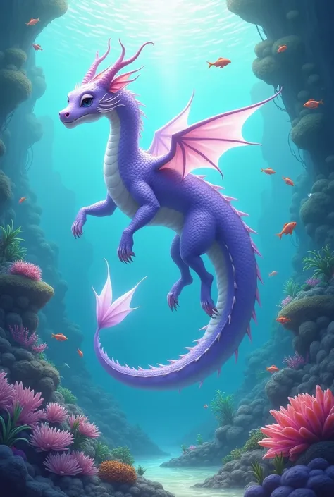 A lavender sea dragon,huge,no wings,Under the Sea,Leisurely,cute style,background chinese style,The underwater world