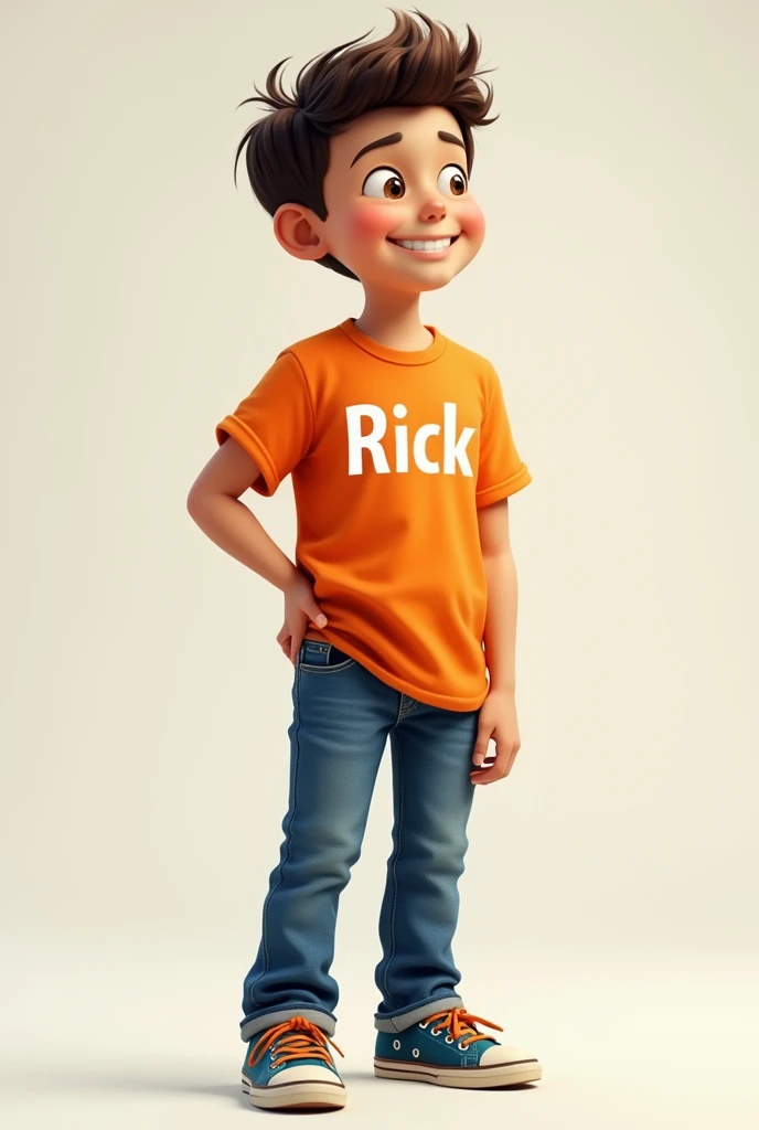 A real  boy wearing orange t-shirt blue jeans sneakers and the name Rick is written on his t-shirt 