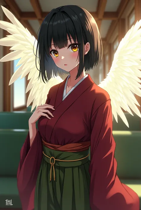 Anime, Japanese, kimono, yellow eyes, black hair, translucent white wings behind, maroon clothes, olive green hakama, female, large breasts "short hair" "Landscape"Olive green seats on the train Wood-patterned walls