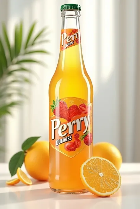 (photorealism:1.2), fruit juice bottle with company name perry
