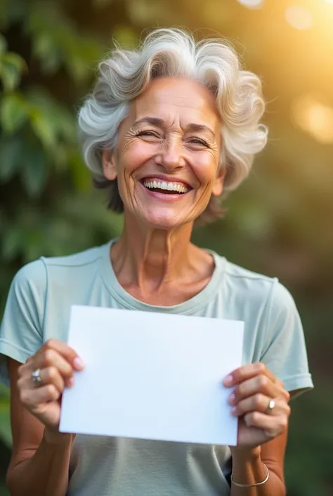 Create an image of a happy person in their 40s, highlighting their smile with a blurred background, holding a small white sign.