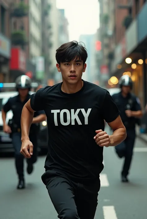 Un jeunne homme qui porte un t-shirt noir anomme "TOKY" , poursuivre par les polices