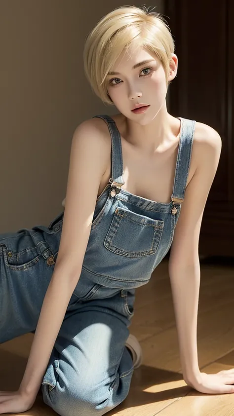 (Highest quality),(masterpiece),(One woman),(Super detailed),(Slender body),(very short hair:1.6),Overalls,(Blonde:1.3),Side boob exposure:1.3),On all fours