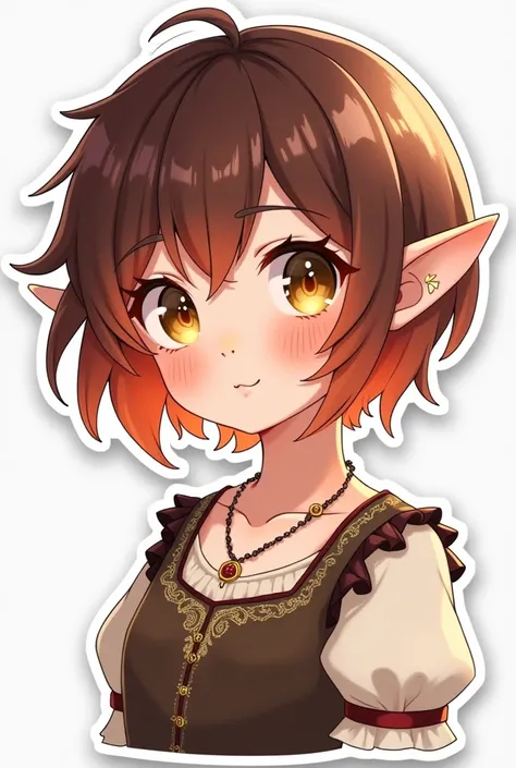 Cute girl sticker, アニメ, gold eyes, small hair with brown and red ombre, elf ear, medieval clothing