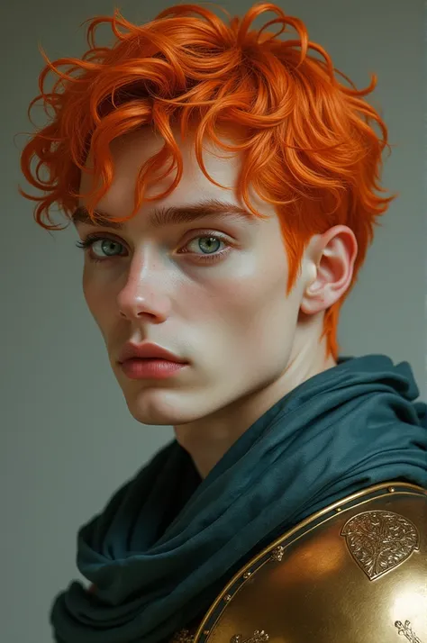 young man, twenty years old. porcelain skin, angelic face. big, shiny eyes, gray like clouds. orange and wavy hair. oval face. straight, small nose. thick lips. defined eyebrows. looking to the side. He wears silk cloth, bronze armor.