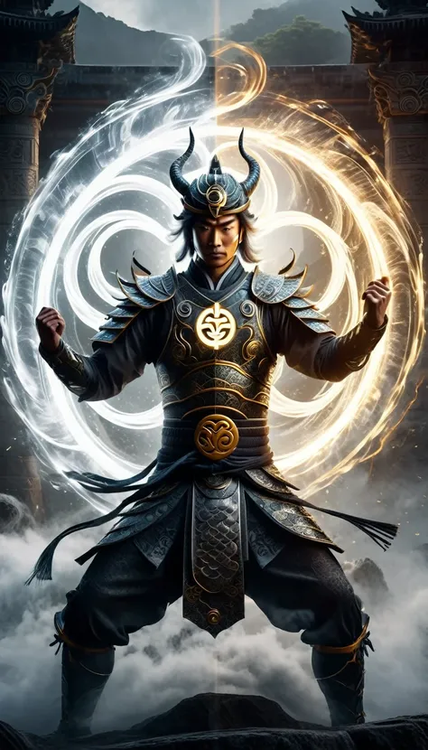 generate an awe-inspiring image of a powerful warrior standing in a dynamic stance, holding a glowing chi symbol between his han...