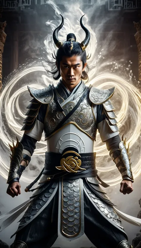 Generate an awe-inspiring image of a powerful warrior standing in a dynamic stance, holding a glowing Chi symbol between his hands, which emanates vibrant energy waves. The Chi symbol should be intricate, surrounded by swirling golden and ethereal light, s...