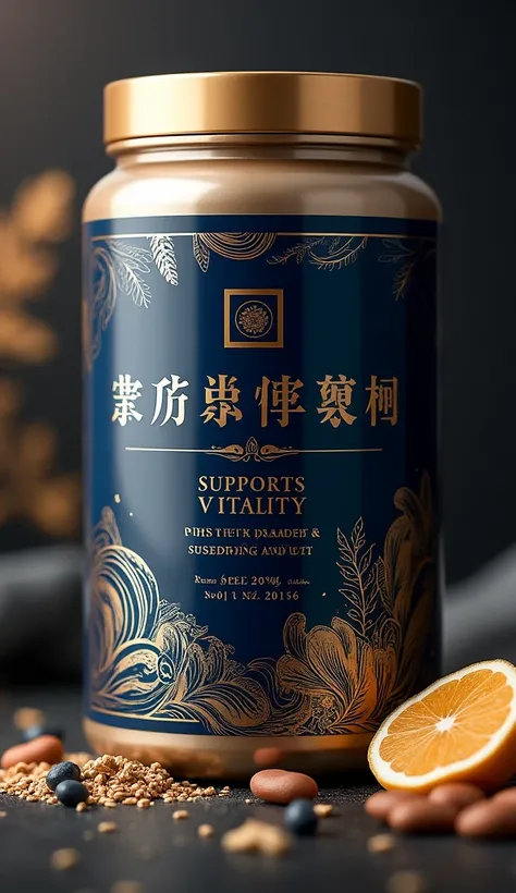 Create a sophisticated and eye-catching print design for a can of nutritional powder targeting older adults. The design should highlight premium ingredients like oysters and ginseng. Use an elegant color palette with deep gold, navy blue, and silver accent...