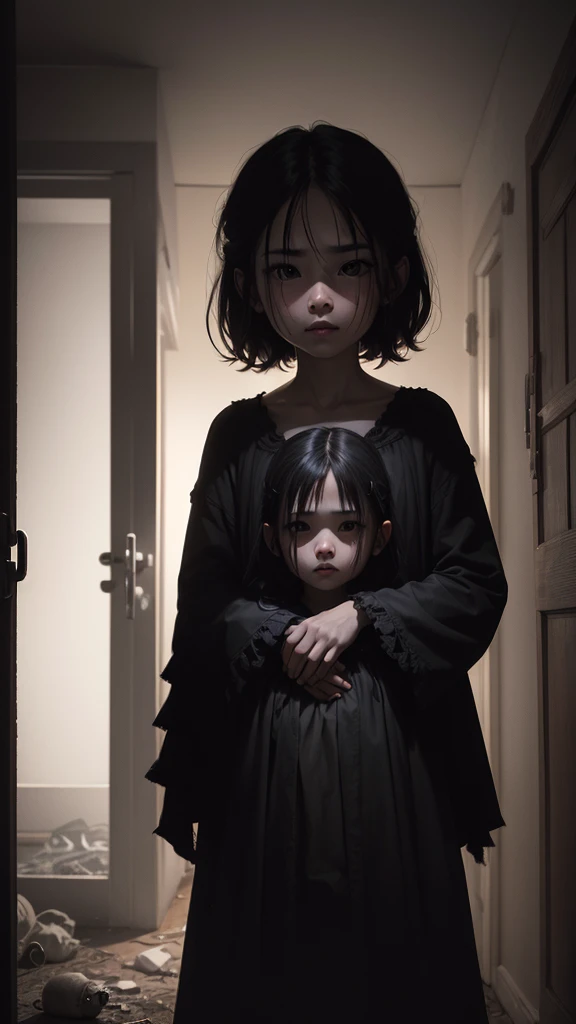 "Create an eerie horror scene featuring three demonic children with terrifying faces. The children should have pale, almost ghostly skin, with eyes that are unnervingly large and hollow, and sinister, twisted smiles. They stand in a dark, desolate environm...