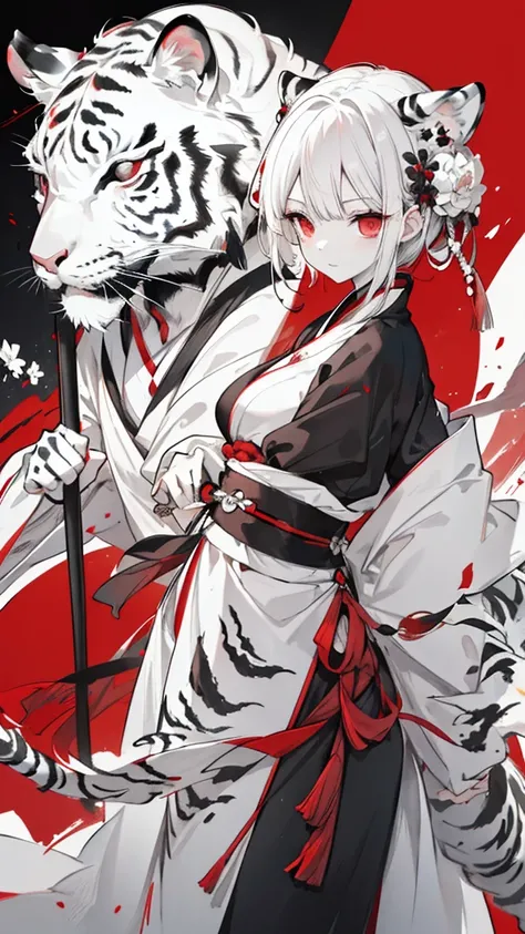 Short white hair，Red eyes，Black and white tiger pattern Hanfu armor，Black and white dagger