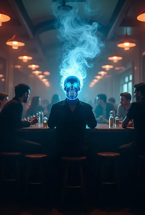 A striking image of a bar full of people, where one of them is smoking and their exhalation forms the shape of a skull. The atmosphere is dark and inviting, With stools, tables and people talking and socializing. An intriguing detail shows the smokers lung...