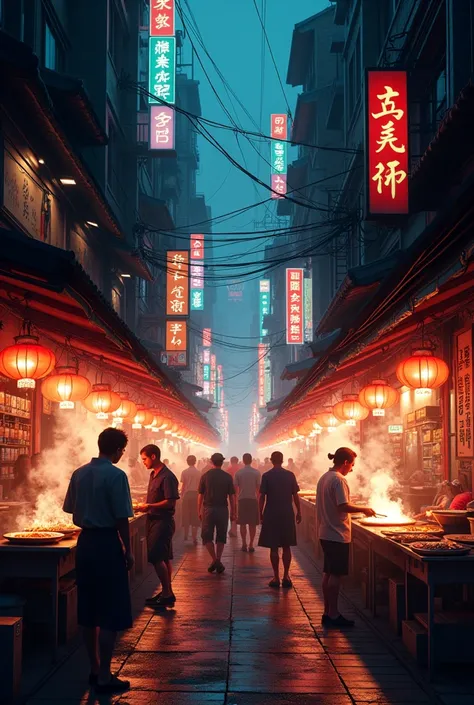 A bustling Asian street food street at night。The road is very narrow and the buildings on either side are high。Colorful and high saturation。