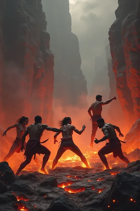 Five people are fighting with lava.