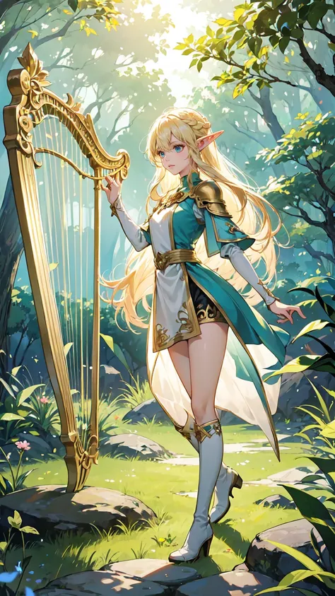 *"A full-body anime-style illustration of an elf woman ((solo)) standing and ((playing a small harp)). She has a delicate, elegant appearance with long, flowing hair and pointed ears, characteristic of elves. She is dressed in travel attire, including a sh...