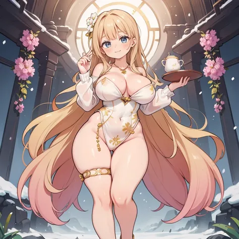 Anime Kawaii sexy Perfect Slim sensual body large breast and huge thighs, An intricate and highly detailed illustration of anime (Young girl)  An extremely beautiful stunning woman with a perfect busty body, gold blonde long silky hair, big blue eyes, extr...