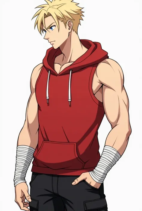 Male anime character with an athletic physique wearing a red sleeveless hoodie with a hood.  His arms have thin white bands that wrap around both forearms and palms, leaving only his fingers exposed. He wears black cargo pants. He has light blonde hair tha...